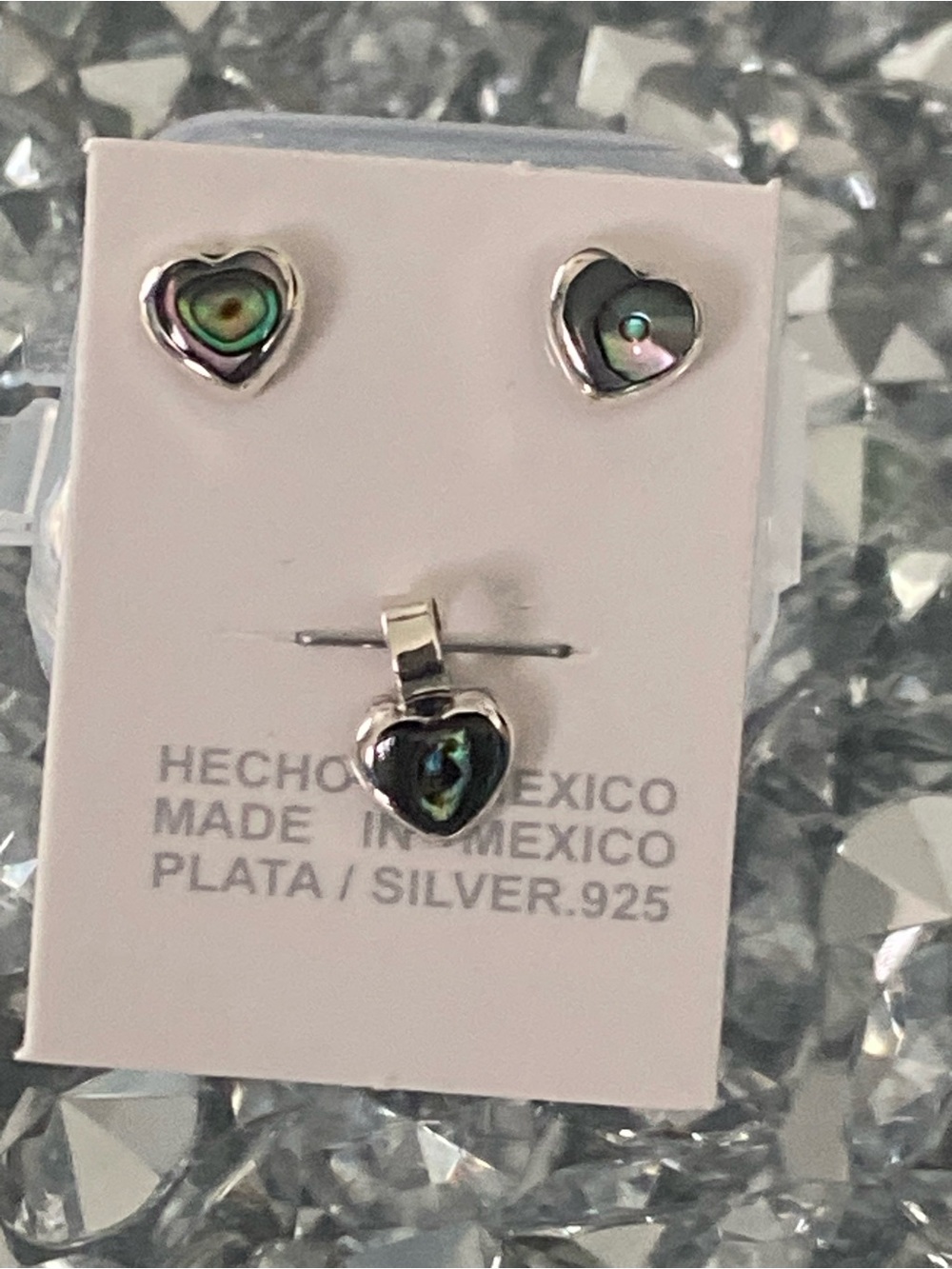 Sterling Silver 925 Heart Abalone Earrings and Pendant Set - Iridescent Green